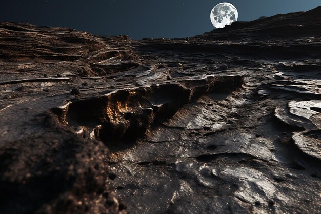 Volle maan werpt schaduw op een rotsachtig terrein.