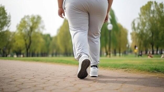 Volle man in sportieve kleding loopt langs een asfaltpad in het park op een zonnige dag met helder weer