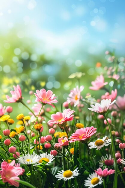 Foto volle velden met roze en gele bloemen