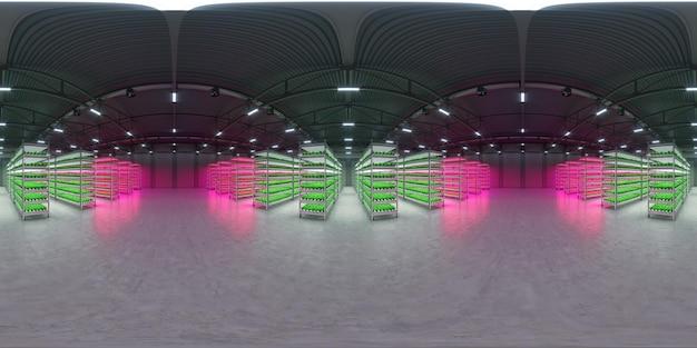 Volledig bolvormig HDRI-panorama 360 graden indoor verticale boerderij