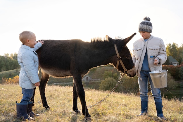 Volledig geschoten kinderen en schattige ezel