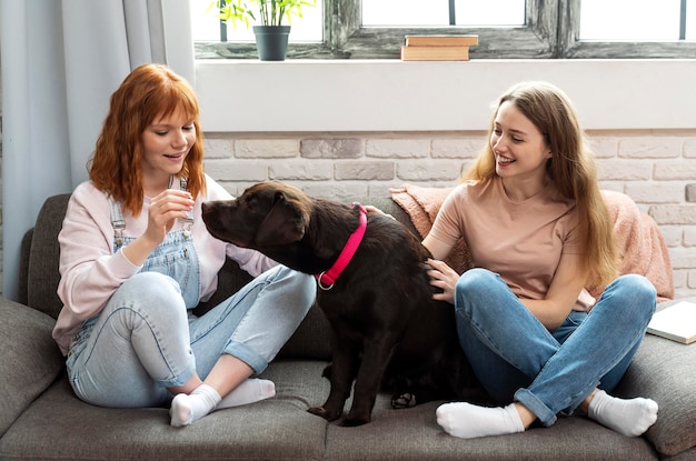 Volledig geschoten smileyvrouwen en hond op laag