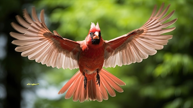 Volledig gespreide vleugels in beweging Een Noordelijk kardinaalmannetje dat vlucht en een lichte bewegingsonscherpte creëert Cardinalis cardinalis