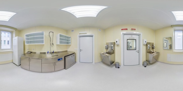 Volledig hdri 360-panorama in preoperatieve kamer of sanitaire afdeling van medisch centrumziekenhuis met moderne apparatuur in tandheelkundekliniek in rechthoekige projectie