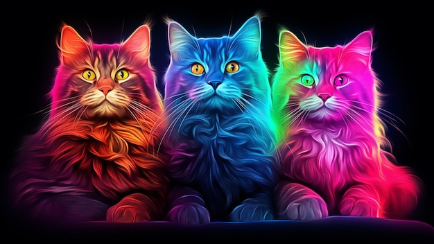 Volledig lichaamsbeeld van drie katten die bij elkaar zitten in neonkleuren op een witte achtergrond