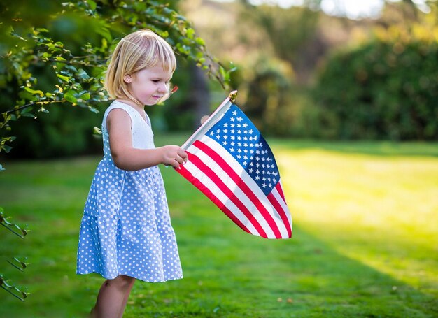 Foto volledig lichaamsportret van stijlvol trendy meisje in jeans jumpsuit sneakers met amerikaanse vlag kijkend naar camera geïsoleerd op gewelddadige achtergrond vakantie concept