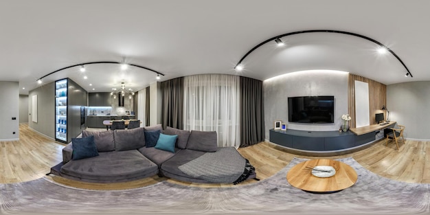 Volledig naadloos hdri 360-panorama in het interieur van de woonkamer van de gast, hal met keuken in studio-appartement met tafelbank en tv in rechthoekige bolvormige projectie VR-inhoud