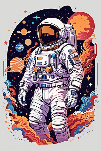 Volledig portret van een astronaut die door de ruimte drijft met ballonnen in de vorm van planeten