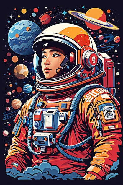 Volledig portret van een astronaut die door de ruimte drijft met ballonnen in de vorm van planeten