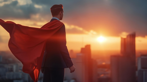 Volledig portret van een jonge zakenman met een rode cape tegen een skyline van de stad bij zonsondergang