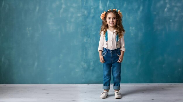 Volledig portret van een schattig klein meisje in stijlvolle spijkerbroekkleding en glimlachend op wit.