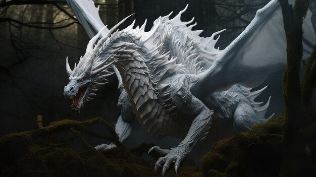 volledig portret van een witte Melismor draak omringd door een donker bos Generatief Ai