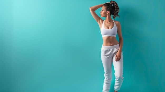 Foto volledige body shot van een sportieve fit vrouw geïsoleerd op turquoise achtergrond