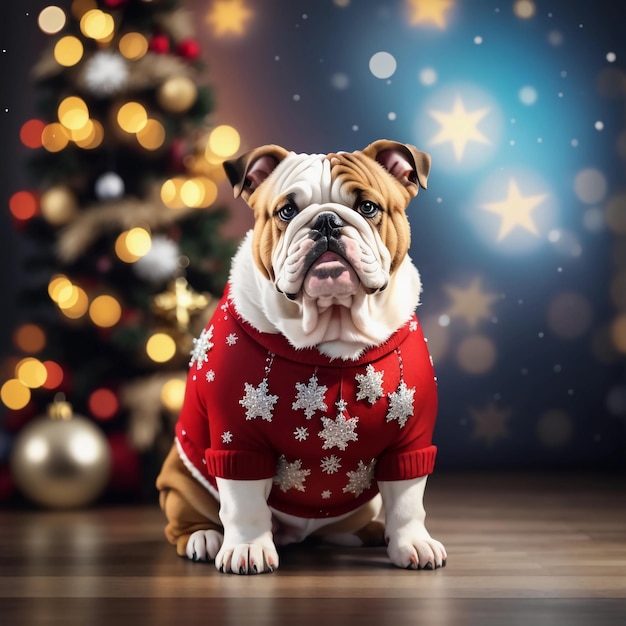 Volledige bulldog in kerstkostuum op bokeh achtergrond perfect banner ruimteontwerp