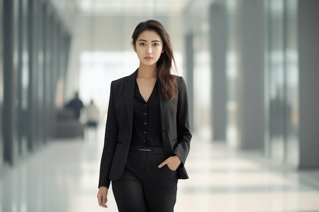 Volledige foto van een jonge Aziatische zakenvrouw op de achtergrond