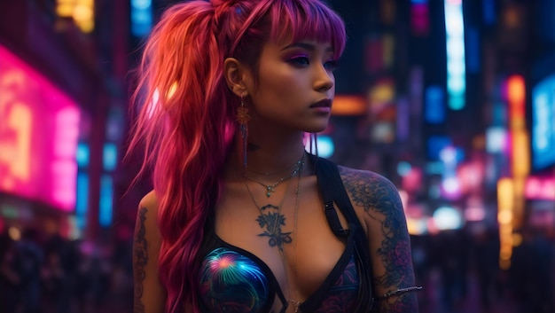 Volledige foto van een jonge vrouw met neonkleurig haar en tatoeages op haar lichaam