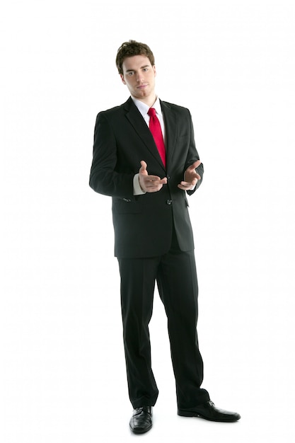 Volledige lengte pak zakenman praat handen gebaar