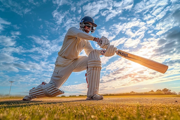 Foto volledige lengte van batsman die cricket speelt op het veld tegen de blauwe hemel