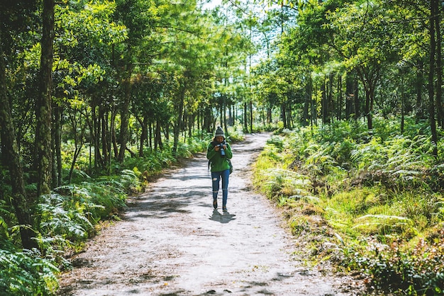 Volledige lengte van vrouw die fotografeert terwijl ze in het bos staat