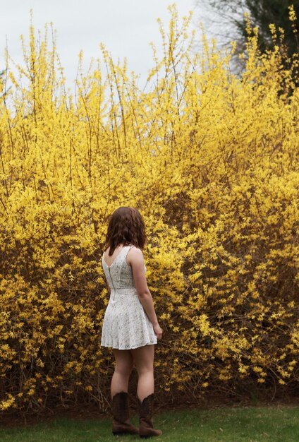 Foto volledige lengte van vrouw die in de herfst in het park staat