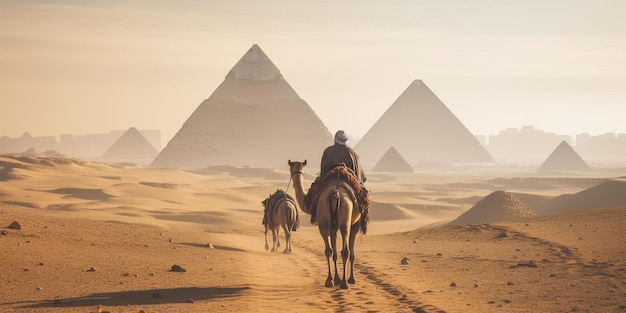 volledige lengteNomad op kameel dichtbij piramides in de Egyptische woestijn