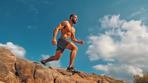 Volledige opname van een sterke jonge man die een heuvel op sprint tegen een bewolkte blauwe lucht Generatieve AI van een knappe man die in korte broek en een tank rent