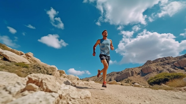 Volledige opname van een sterke jonge man die een heuvel op sprint tegen een bewolkte blauwe lucht Generatieve AI van een knappe man die in korte broek en een tank rent