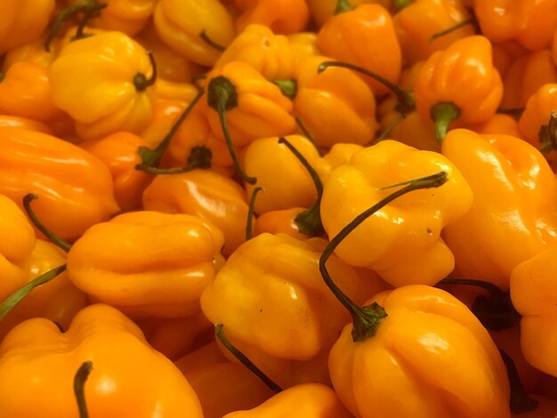 Volledige opname van gele paprika's op de marktstand