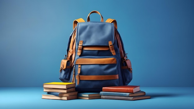 Volledige schoolrugzak met boeken geïsoleerd op blauwe achtergrond met kopieerruimte