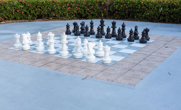Volledige set stukken buiten schaken in de tuin