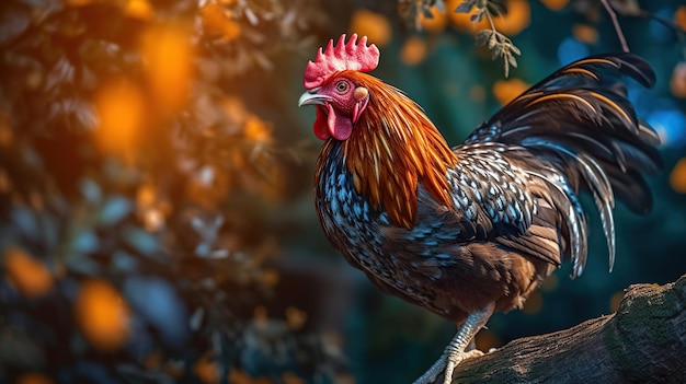 Volledige wilde kip op de boom Mooie kip met oranje ogen