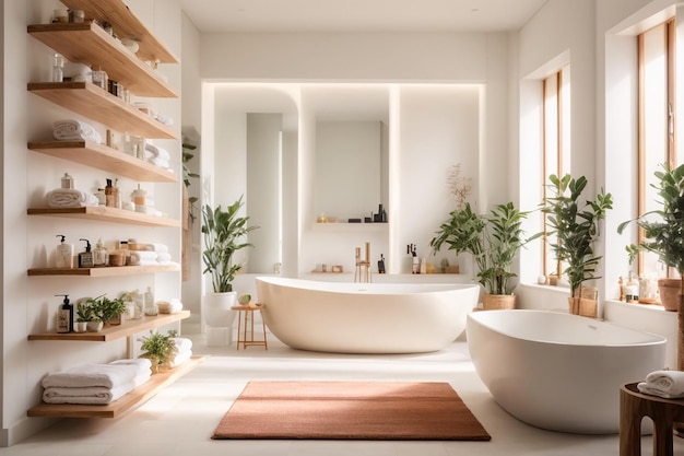 Volledige witte badkamer met badkamer planken in de hoek