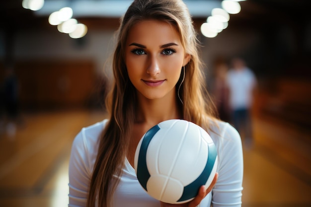 Volleyball ball in hands of a female player standing in gym Generative AI