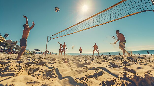 Photo a volleyball game is being played on a beach with people playing volleyball