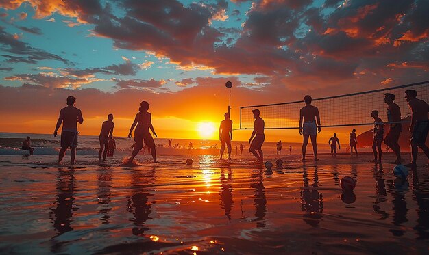 Photo a volleyball game is being played on a beach with a sunset in the background