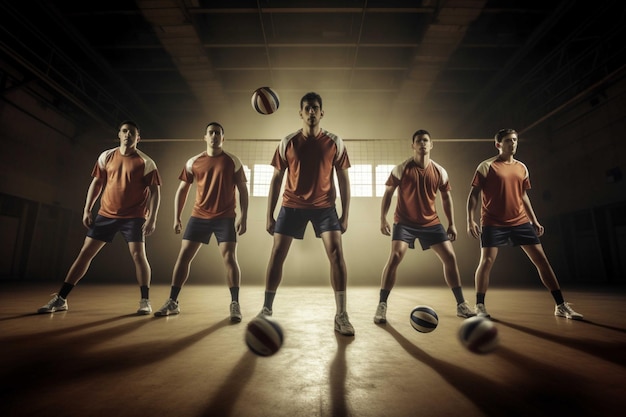 Volleyball game sport and people concept group of smiling friends playing volleyball at gym