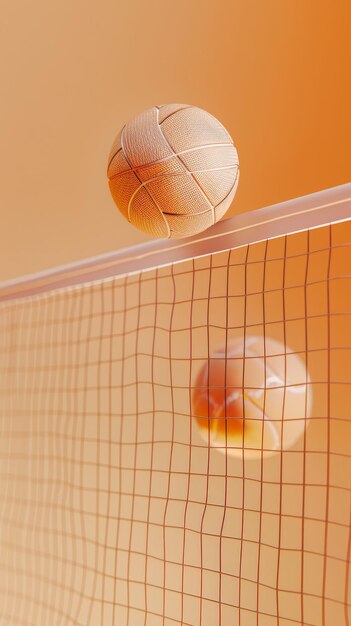 Волейбольная сетка и мяч, летящие в 3D-стиле изолированные летающие объекты в стиле Мемфиса 3D-рендер ИИ генерирует иллюстрацию