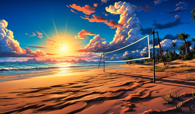 A volleyball net set up on sand at sunset