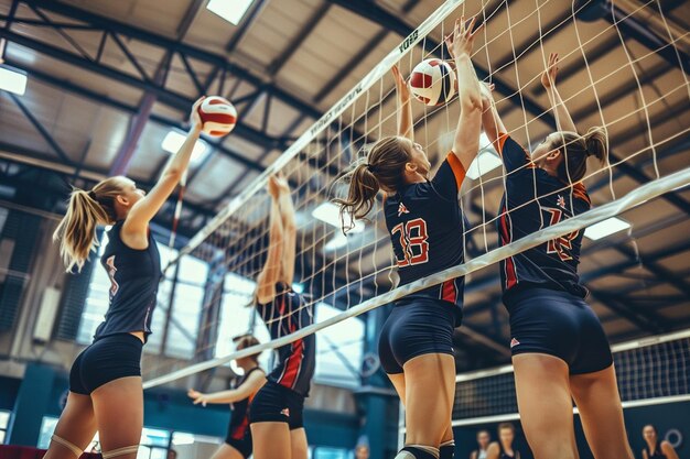 Photo volleyball players spiking the ball over the net t generative ai