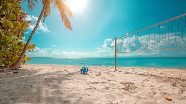 A volleyball on sandy beach court with a net and clear blue sky