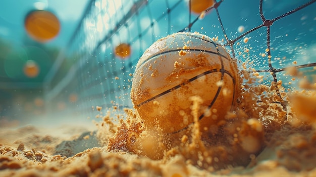 사진 모래 해변 대회에서 볼리볼이 네트 위에 어졌다.