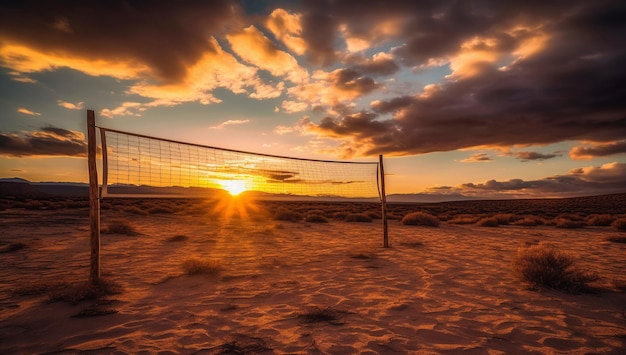 Volleybalnet in de woestijn bij zonsondergang met gegenereerde AI