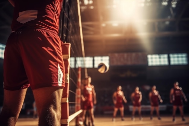 Volleybalspeler en team op een indoor court