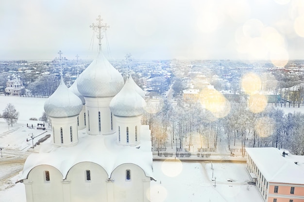 Vologda cathedral winter landscape aerial view from drone