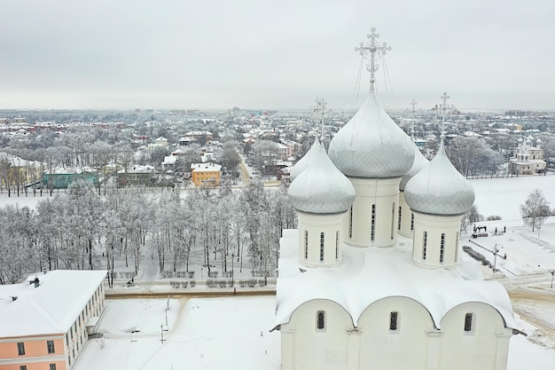 Vologda cathedral winter landscape aerial view from drone