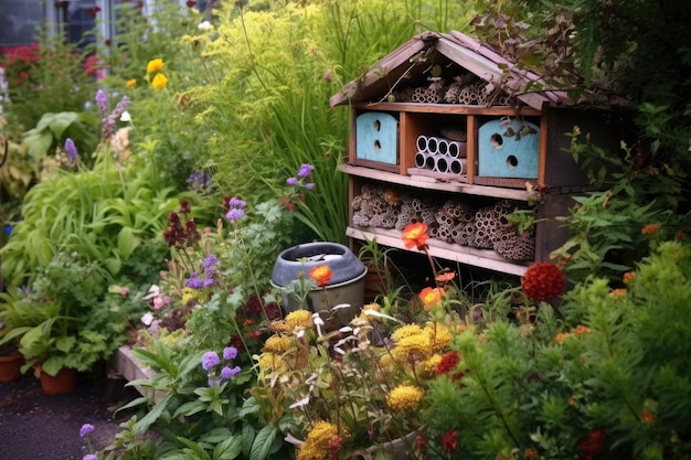 Foto voltooid bug hotel genesteld tussen bloeiende planten en struiken