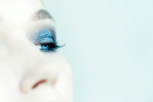 Voltooide make-up enkele ogen close-up Glanzende oogschaduw en mascara