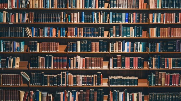 Volumes of books on bookshelf in library