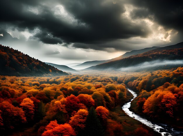 Photo volumetric autumn landscape duotone stormy cinematic generative ai generated