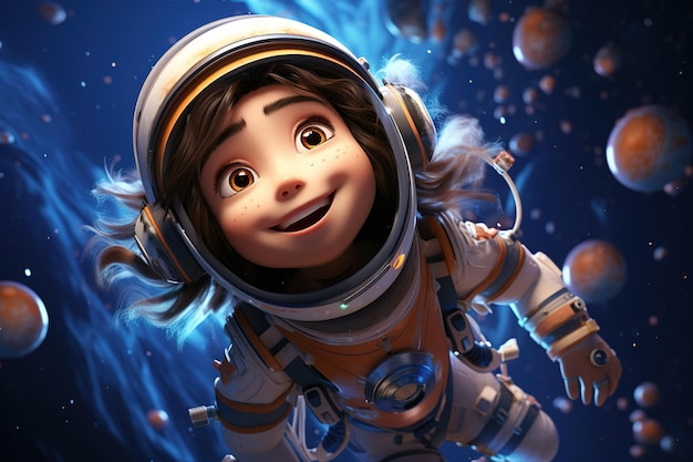 Volumetric cartoon style young cute girl in a spacesuit and helmet exploring space among asteroids